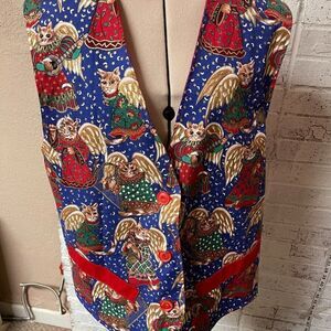 Vintage Original by Solange Red Green Christmas Cat Angels Medium